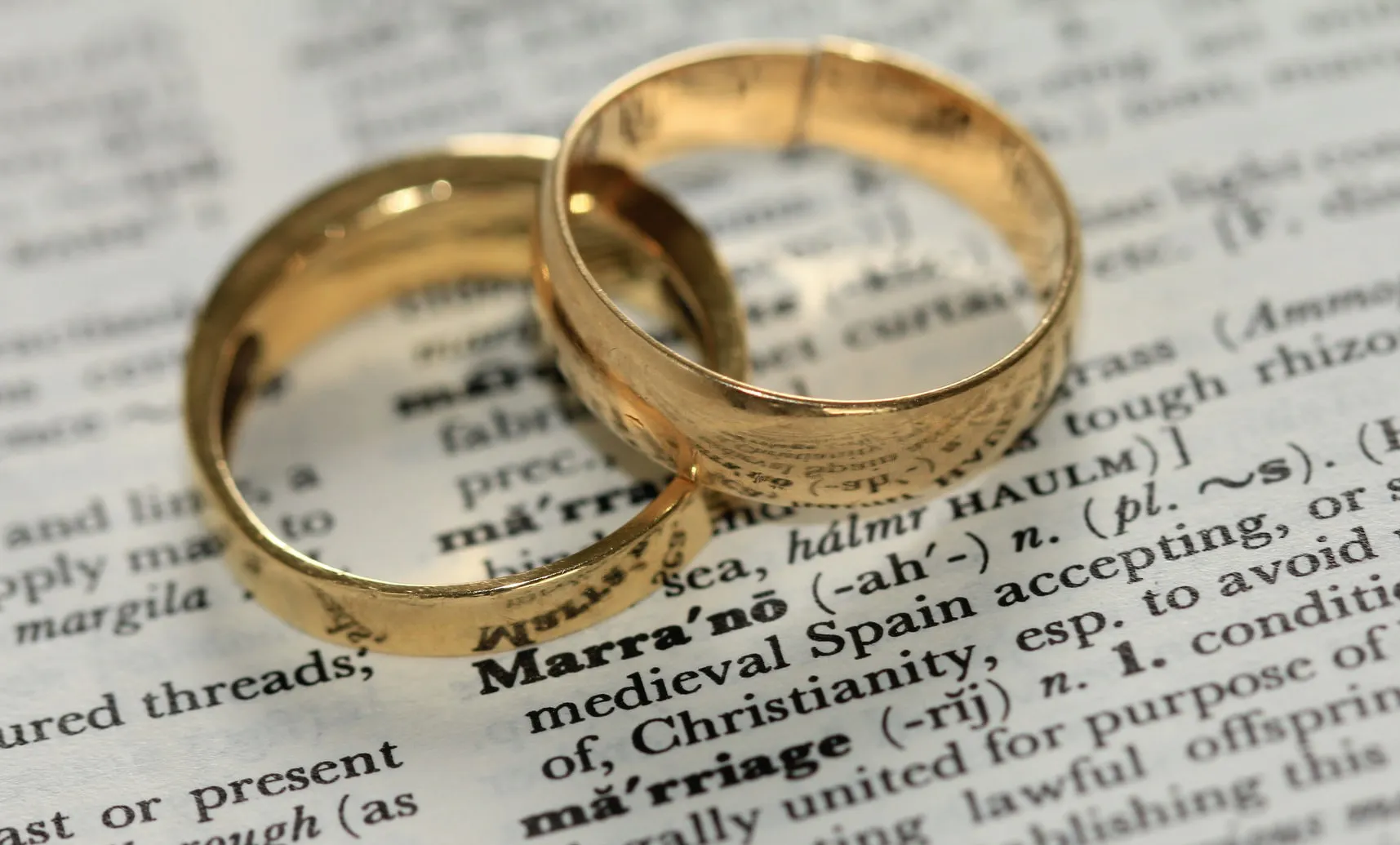 A pair of wedding rings placed on a book.