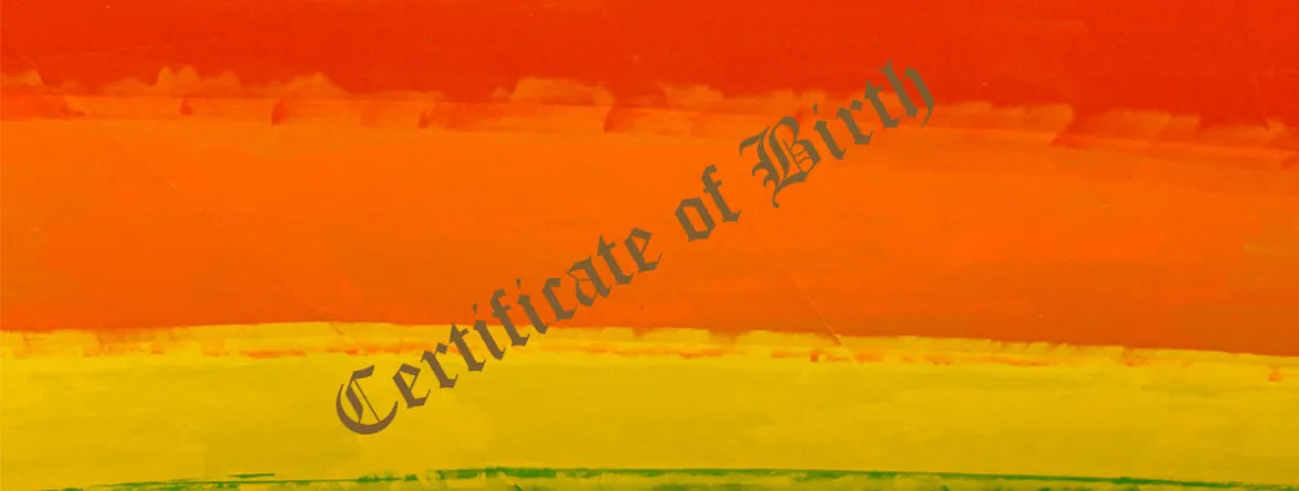 A flag with red and yellow colors and the words “Certificate of Birth” written on it.