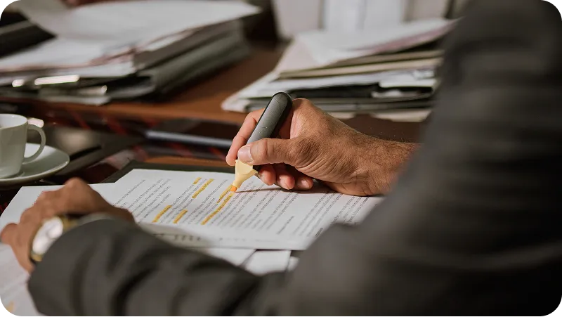 A person reviewing documents and marking specific clauses on it using yellow highlighter.