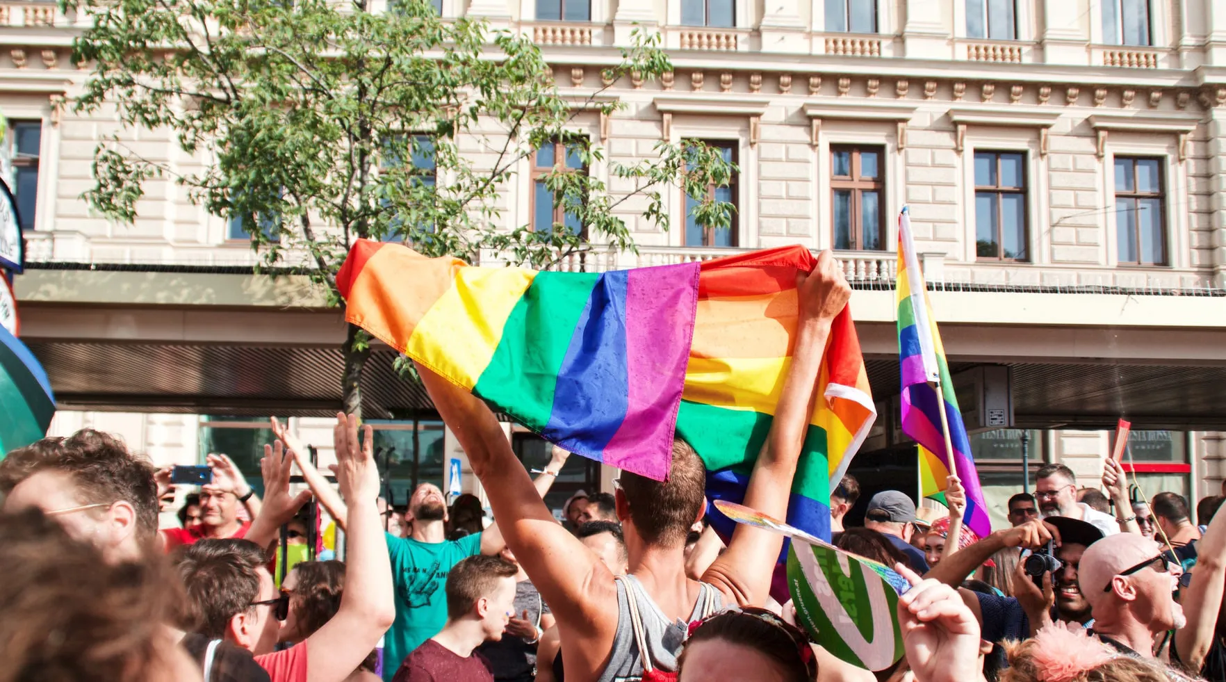 One man raising a rainbow flag while many people surround him, and others are also holding rainbow flags